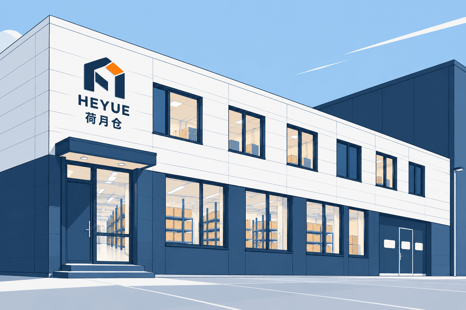 荷月仓仓库建筑外观，门头展示 HEYUE 荷月仓标志